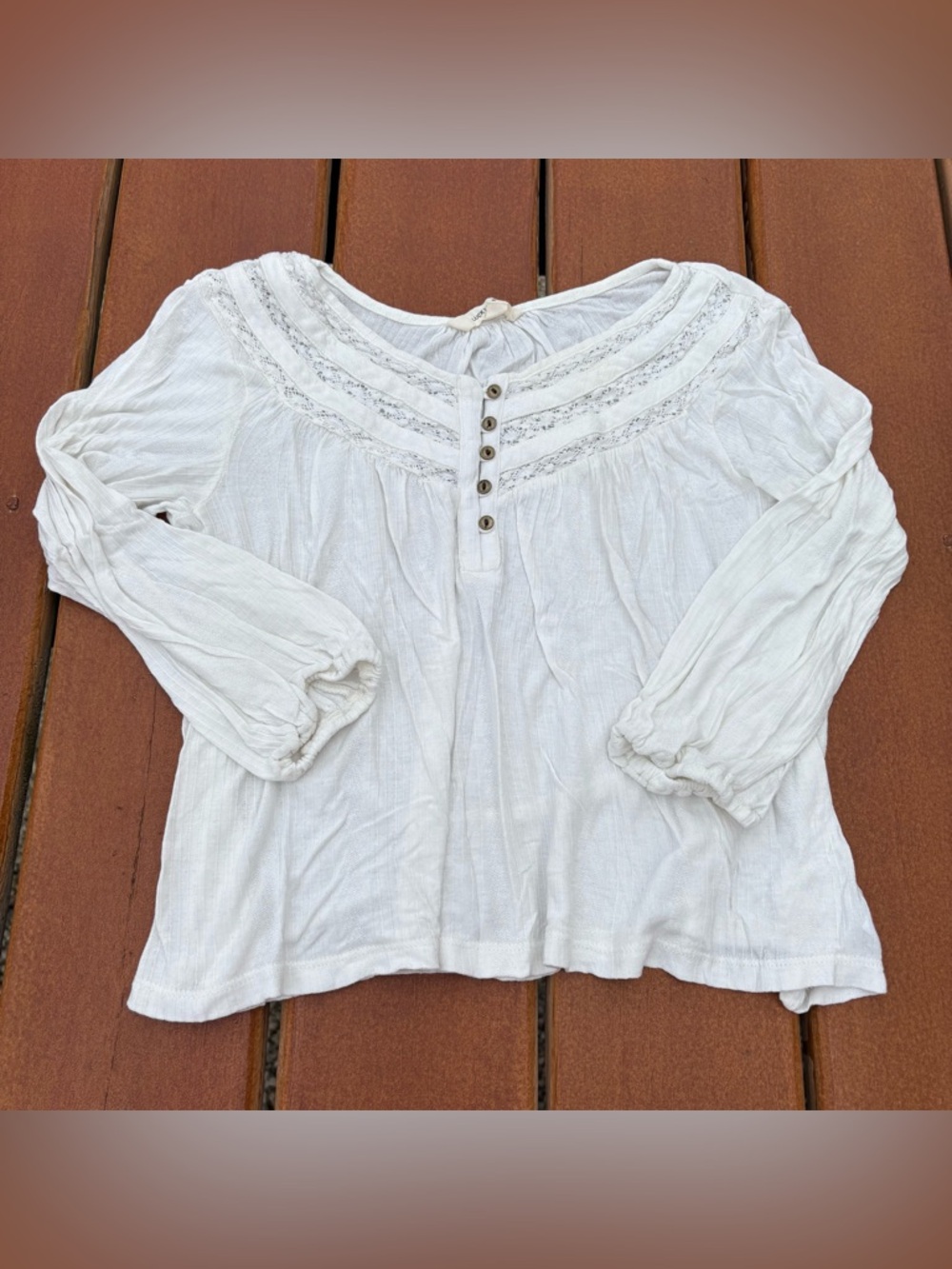 Lucky Brand Cream Off White Boho Peasant Lace Inset Henley Blouse